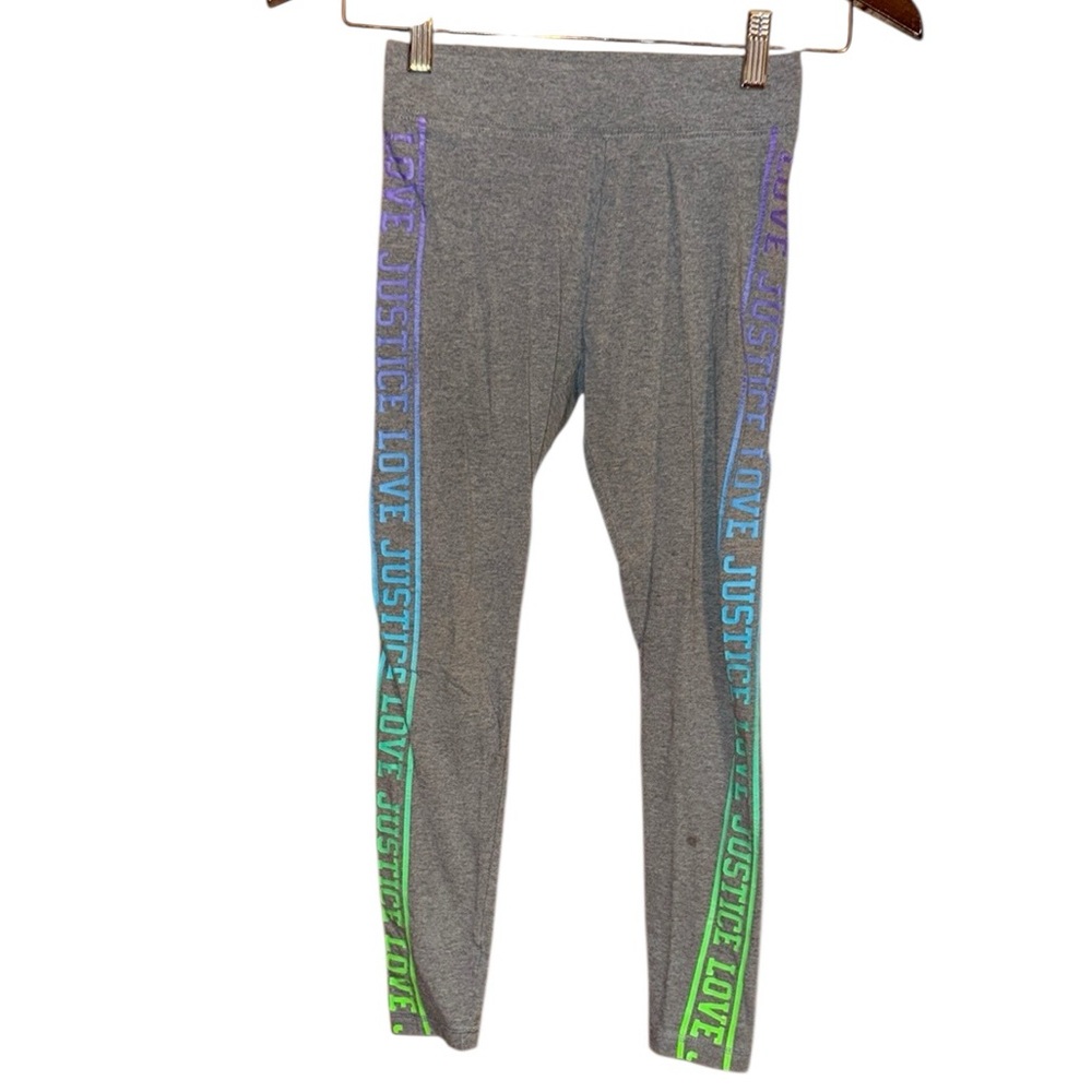 •JUSTICE•GRAY COLORFUL “LOVE JUSTICE” LOGO LEGGINGS SIZE 10 VGUC